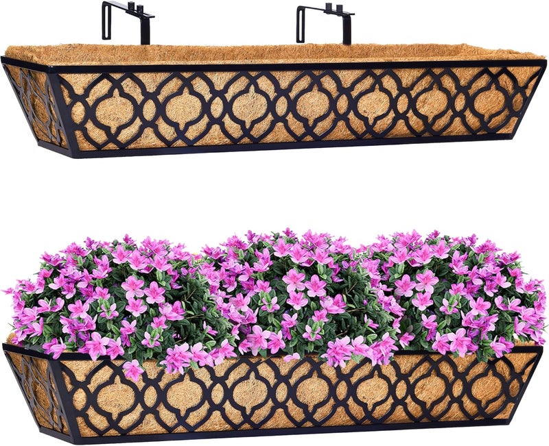 HFHOME 2 Pcs 30" Window Box Deck Railing Planter with Horse Trough Coco Liners, Black Metal Hanging Flower Planters Baskets for Indoor, Outdoor, Balcony, Porch, Fence, Patio, and Lawn - Image 1